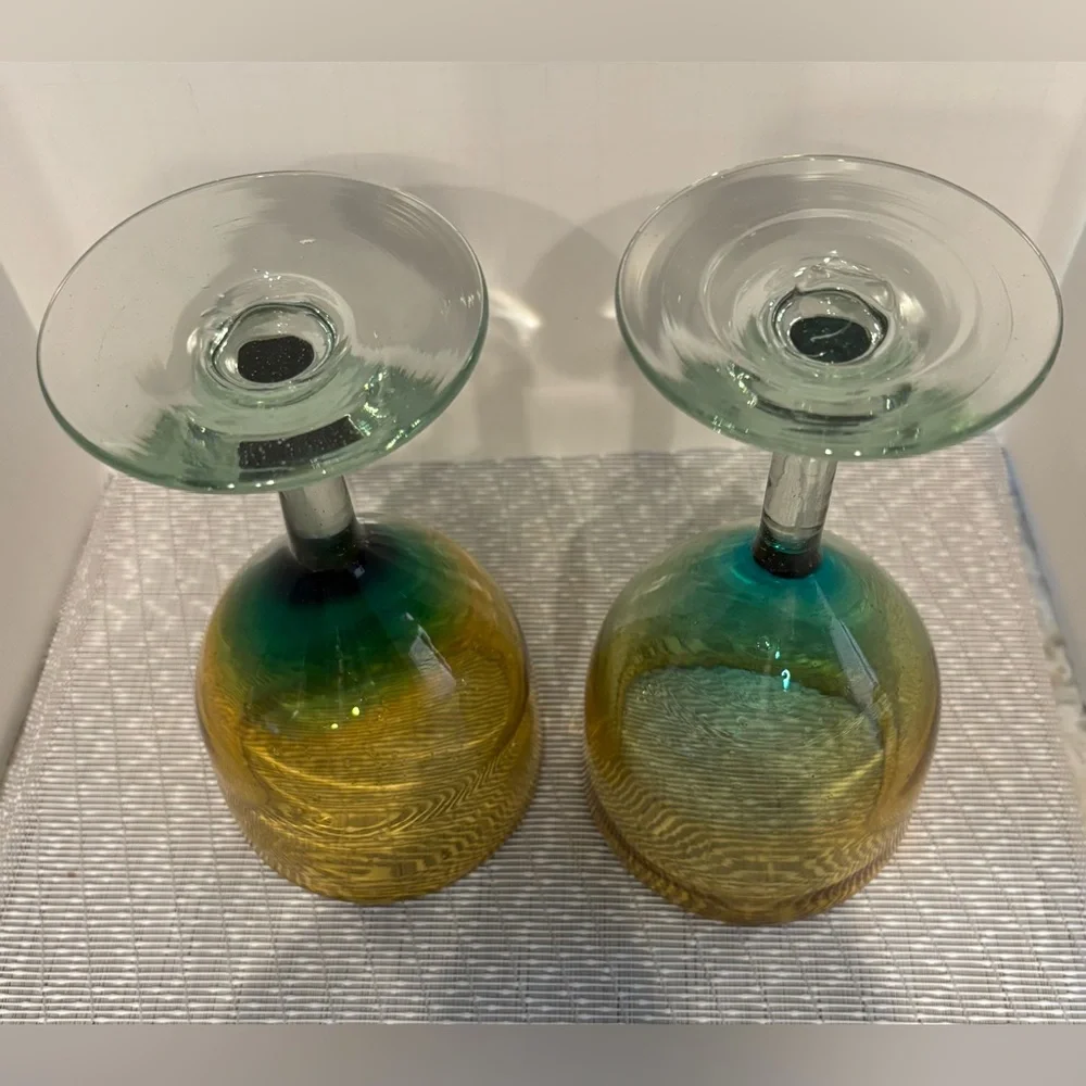 Pier 1 Imports Blue & Amber Hand Blown Thick Glass Goblets, 7 in. Set of Two